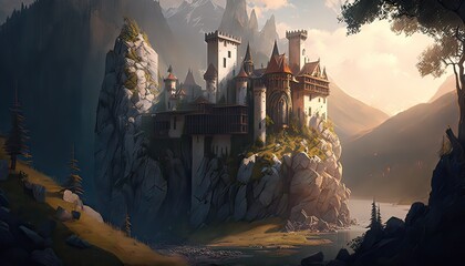 Sprawling medieval castle. Illustration fantasy by generative IA