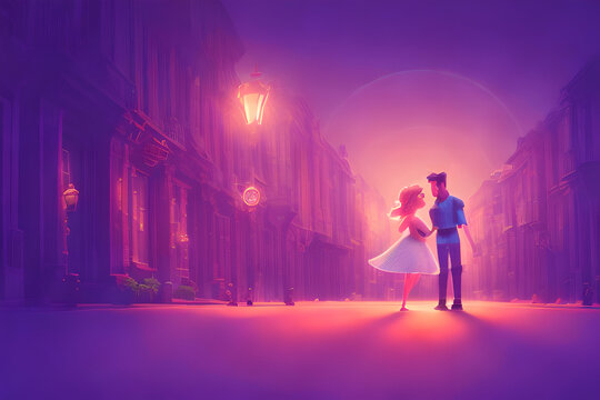 A dreamy painting of a romantic scene of a couple in cityscape. Generative AI.