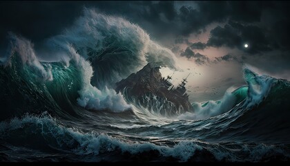 Tempestuous ocean with towering waves and churning currents. Illustration fantasy by generative IA