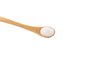 Isomalt or Isomaltitol  powder in wooden spoon, close-up. Disaccharide derived from sucrose, isomaltulose. Food additive E963, sweetener, sugar substitute
