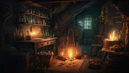 Dank and dimly-lit basement filled with strange instruments and arcane ingredients. Illustration fantasy by generative IA