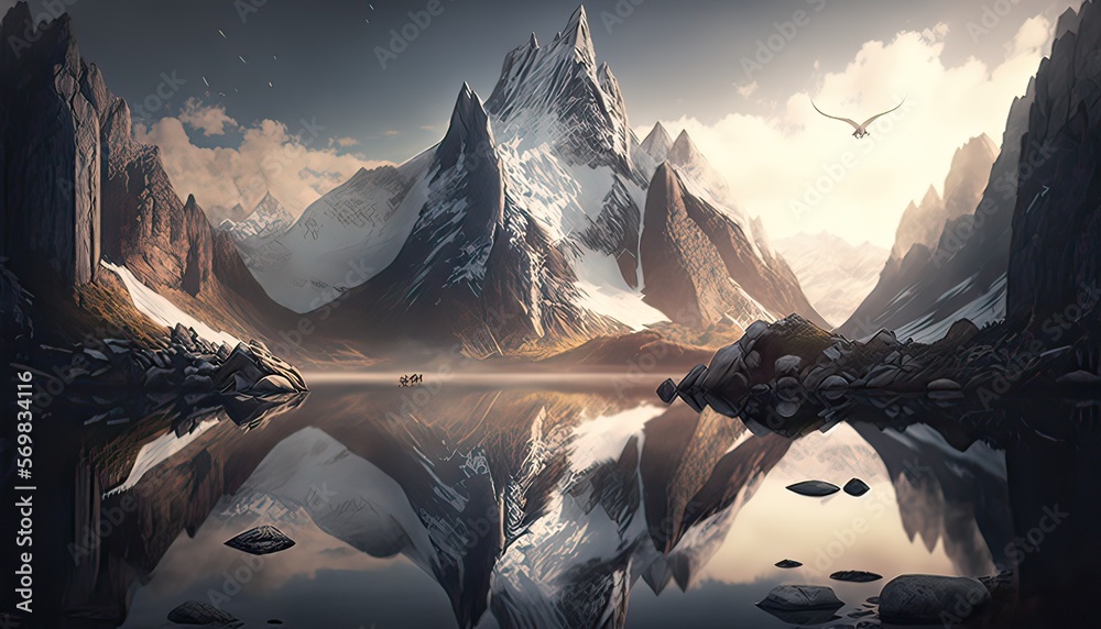 Canvas Prints serene mountain lake surrounded by towering peaks. illustration fantasy by generative ia