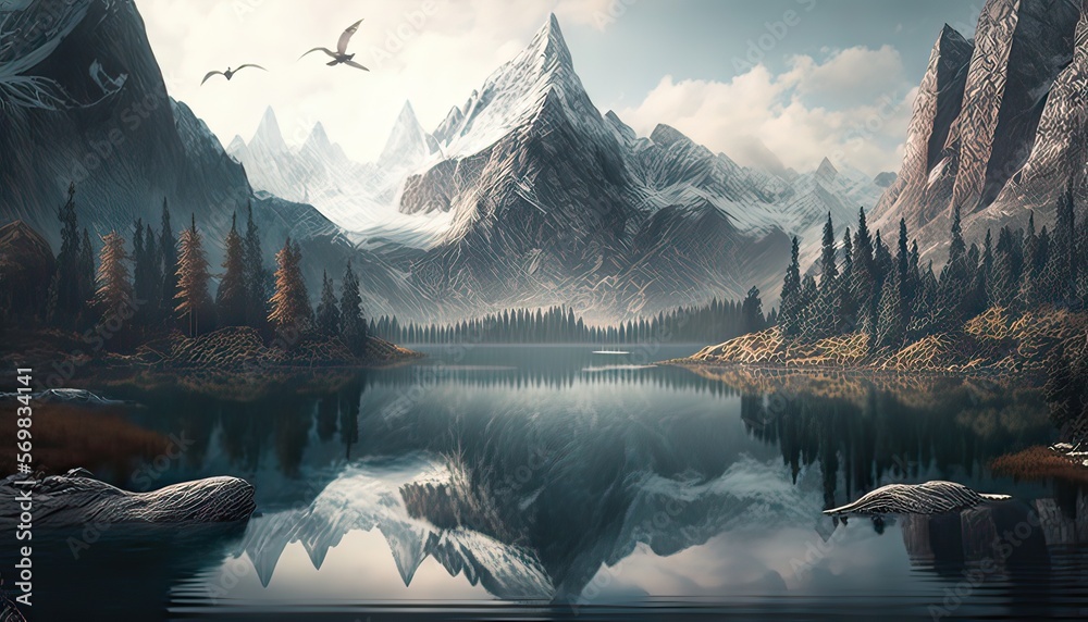 Canvas Prints serene mountain lake surrounded by towering peaks. illustration fantasy by generative ia