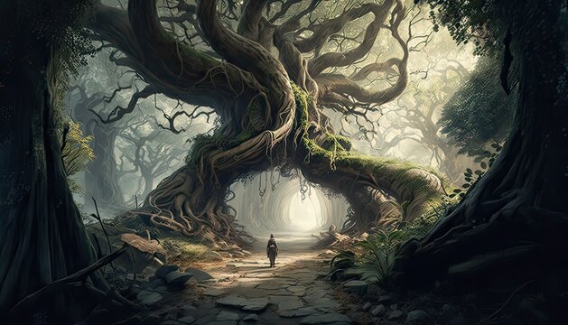Elf wizard harnessing the power of nature to cast spells. The environment is a dense and shady forest filled with ancient trees and wildlife. Illustration fantasy by generative IA