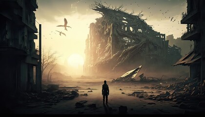 Brave warrior battling against a horde of zombies. The environment is a decaying and ruined city filled with ghostly apparitions and forgotten memories. Illustration fantasy by generative IA