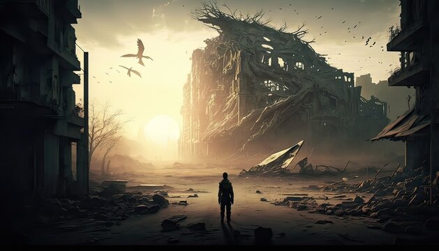 Brave warrior battling against a horde of zombies. The environment is a decaying and ruined city filled with ghostly apparitions and forgotten memories. Illustration fantasy by generative IA