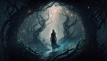 Evil enchantress trapping a prince in a spell. The landscape is a dense and tangled forest filled with secrets and dangers. Illustration fantasy by generative IA