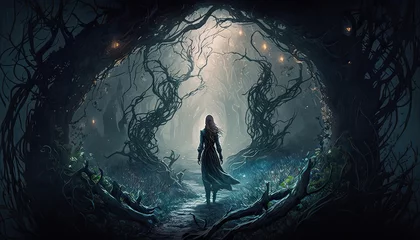 Foto op Plexiglas Evil enchantress trapping a prince in a spell. The landscape is a dense and tangled forest filled with secrets and dangers. Illustration fantasy by generative IA © pixardi