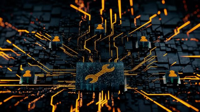 Configure Technology Concept with tool symbol on a Microchip. Orange Neon Data flows between Users and the CPU across a Futuristic Motherboard. Seamless loop.