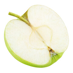 Ripe green half apple fruit without seeds isolated on transparent background. Full depth of field.