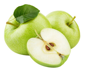 Group of ripe green apple fruits with apple half and green leaf isolated on transparent background