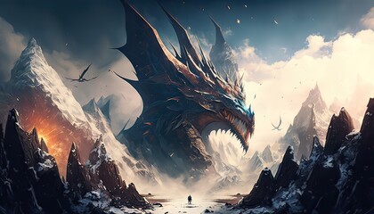 Gargantuan dragon hoarding a pile of treasure. The background is a towering mountain range dotted with towering peaks and treacherous passes. Illustration fantasy by generative IA - obrazy, fototapety, plakaty