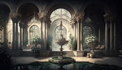 Naklejka premium Sprawling palace filled with glittering chandeliers, marble columns, and ornate furnishings. Illustration fantasy by generative IA