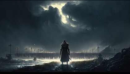 Mighty hero fighting against a horde of monsters. The landscape is a dark and stormy battlefield dotted with the bodies of fallen soldiers. Illustration fantasy by generative IA