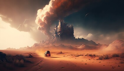 Fototapeta premium Fierce dragon soaring through the sky. The setting is a rolling and barren wasteland dotted with towering mesas and raging sandstorms. Illustration fantasy by generative IA