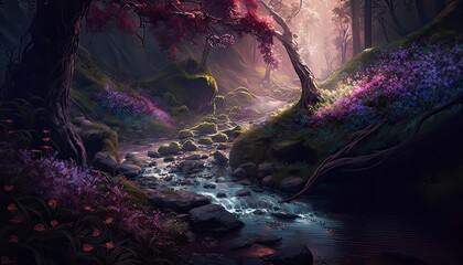 A shimmering and enchanted forest filled with glittering flowers and babbling streams. Illustration fantasy by generative IA