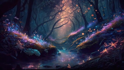 A shimmering and enchanted forest filled with glittering flowers and babbling streams. Illustration fantasy by generative IA