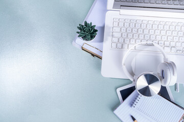 Freelancer laptop flat lay workplace