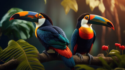 Two toucan tropical bird sitting on a tree branch in natural wildlife environment in rainforest jungle. Generative AI - obrazy, fototapety, plakaty