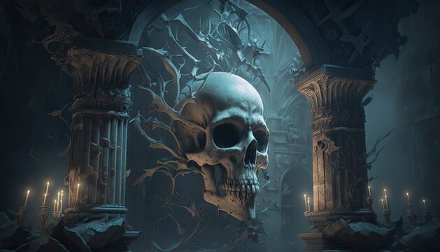 A creepy and foreboding crypt filled with skeletons and dark whispers. Illustration fantasy by generative IA