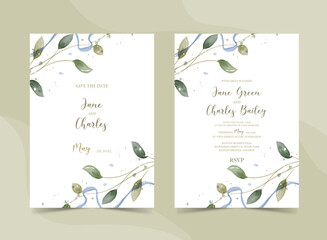  Greenery Watercolor Floral wedding invitation, template card design in rustic style