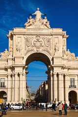 Fototapeta na wymiar Lisbon, Portugal-December 29,2015:Scenic view of the arco da Rua Augusta at the Parca do Comercio in Baixa. Architectural icon of the city of Lisbon. Travel and tourism concept