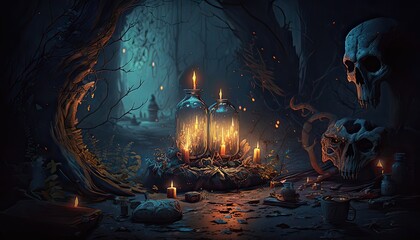 Fototapeta premium Dark sorcerer summoning a powerful demon. A dimly-lit chamber filled with mysterious symbols and flickering candles. Illustration fantasy by generative IA