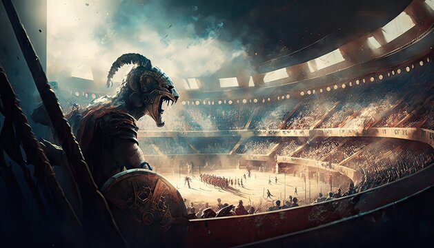 Fierce gladiator battling for his freedom in the arena. The environment is a crowded and bustling arena filled with cheering onlookers and sweating combatants. Illustration fantasy by generative IA