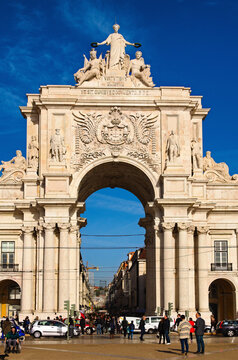 Lisbon, Portugal-December 29,2015:Scenic view of the arco da Rua Augusta at the Parca do Comercio in Baixa. Architectural icon of the city of Lisbon. Travel and tourism concept