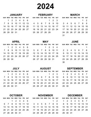 Simple editable vector calendar for year 2024 sundays first, easy to edit and use