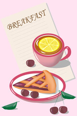 vector pink background template breakfast afternoon tea cherry pie lemon tea cup