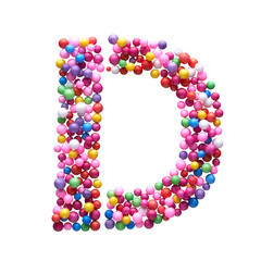 Capital letter D made of multi-colored balls, isolated on a white background.
