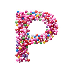 Capital letter P made of multi-colored balls, isolated on a white background.