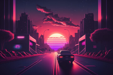 Retro futuristic synthwave retrowave style night street cityscape with sunset on background, blue and purple ambience - Generative AI