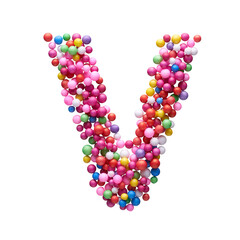 Capital letter V made of multi-colored balls, isolated on a white background.