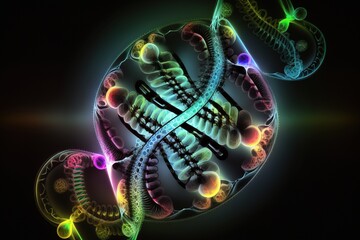 Fototapeta premium DNA molecule composition. Double helix of DNA. Human genome cell genetic biotechnology study in the field of medicine. Genetic engineering research and analysis in science laboratories. Generative AI