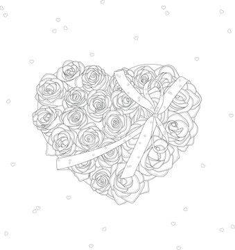 Realistic rose flower bouquet in heart shape with ribbon graphic sketch template. Vector illustration in black and white for games, background, pattern, decor. Coloring paper, page, story book, print 