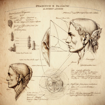 fact sheet on human ear, Davinci style, pen sketch, details