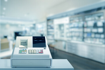 Electronic cash register has backdrop of a pharmacy store.