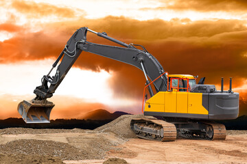 excavator is working and digging at construction site