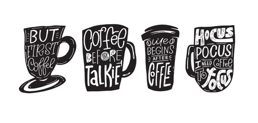 Hand drawn doodle lettering postcard about coffee. Coffee lover. T-shirt design, mug print. 