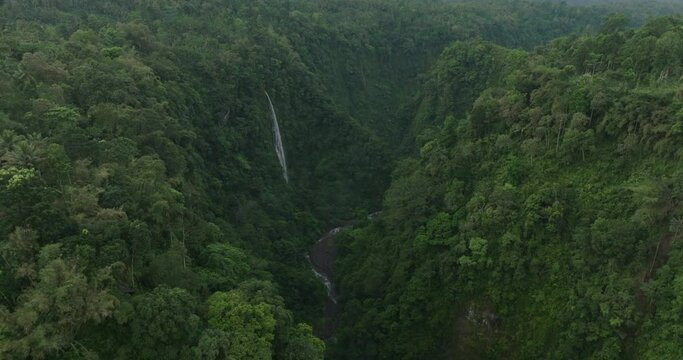 Aerial Beautiful View Of Waterfall Flowing In Stream, Drone Flying Forward Over Green Plants - Java, Indonesia