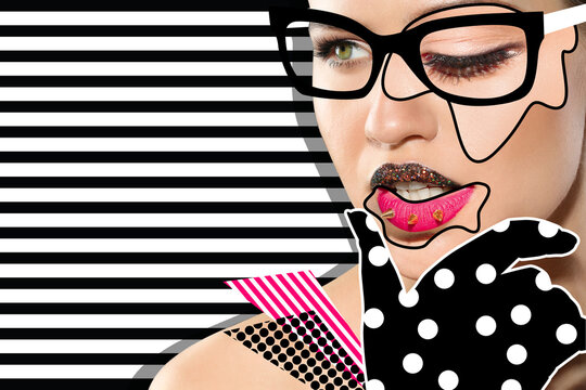 Stylish creative artwork. Portrait of beautiful woman made with cut photos of different faces and geometric figures on color background. Pop art collage with space for text