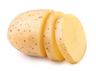 Sliced raw potato on a white background
