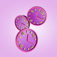 Stylish bright clocks falling on pink background