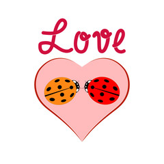 Two ladybugs on pink heart and lettering love