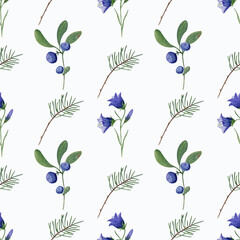 Summer watercolor pattern with forest plants: blueberry, bluebell and spruce.