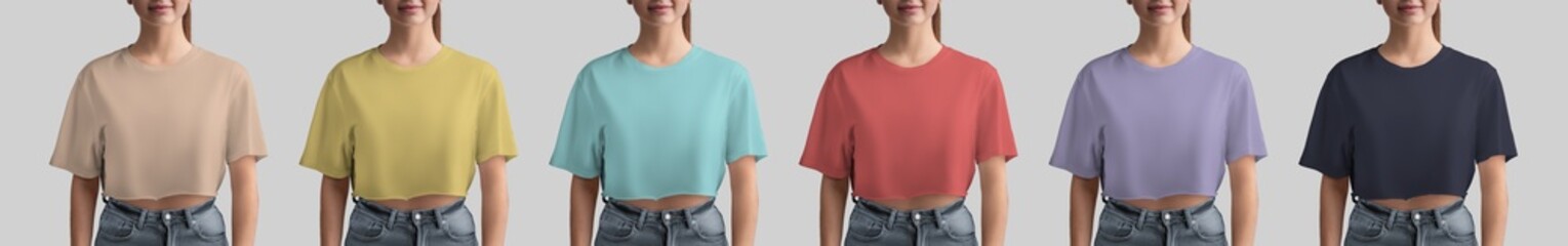 Mockup of a colorful crop top on a girl in jeans, front view, a set of women's fashion clothes, a...