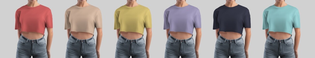 Crop top mockup on a girl in jeans, nude t-shirt, light blue, red, dark, yellow, violet, clothes isolated on background, front view. Set.