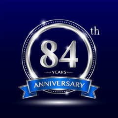 84th Anniversary logo with retro style, silver color ring design and blue ribbon for anniversary celebration event. Logo Vector Template